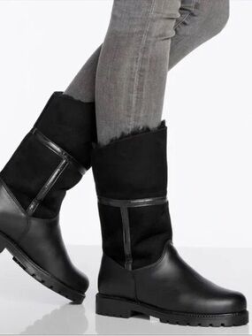 La Canadienne Kosmo Kalvin Black Leather Suede Fur Shearling Boots Fold Down 10